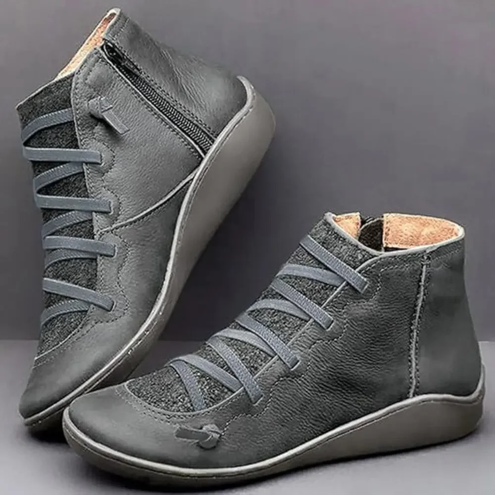 Women's Grey Leather Ankle Bootie - Casual Comfort